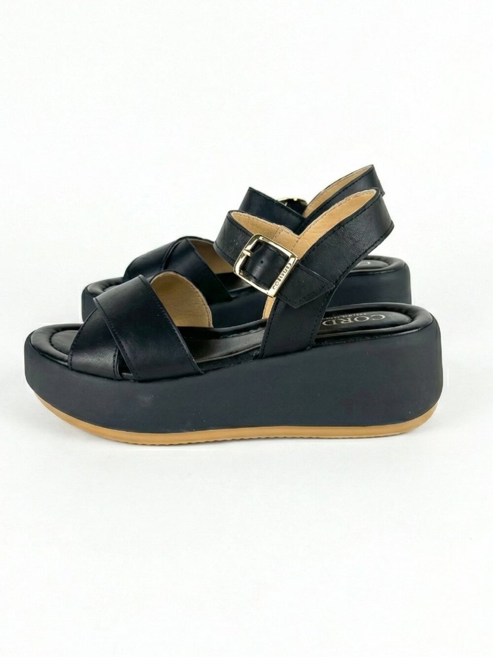 NWT Cordani Wedge Leather Crisscross Strap Platform Sandal Black 39 Chunky Italy